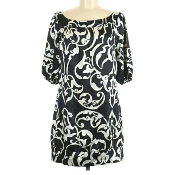 WHBM Retro 70's Silky Scroll Print Boat Neck Elbow Sleeve Dress Black White Sz M - Picture 2 of 10